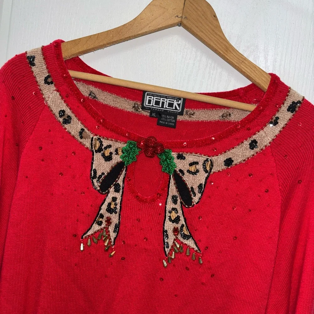 VTG Berek Ugly Christmas Sweater XL Red Leopard Bow Mistletoe Embellished Sequin
